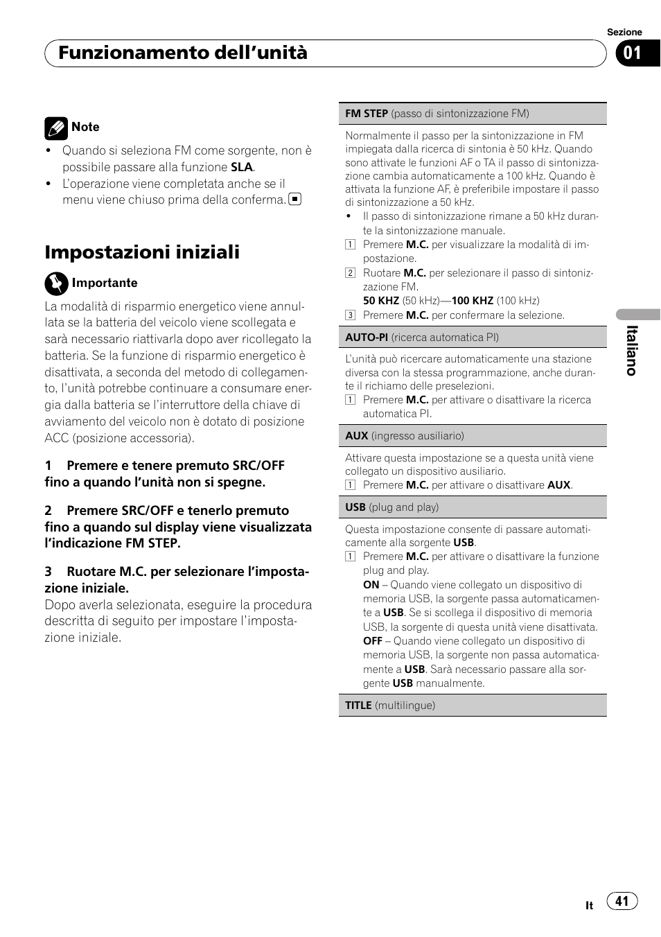 Impostazioni iniziali, Funzionamento dell ’unità, Italiano | Pioneer DEH-2210UB User Manual | Page 41 / 117