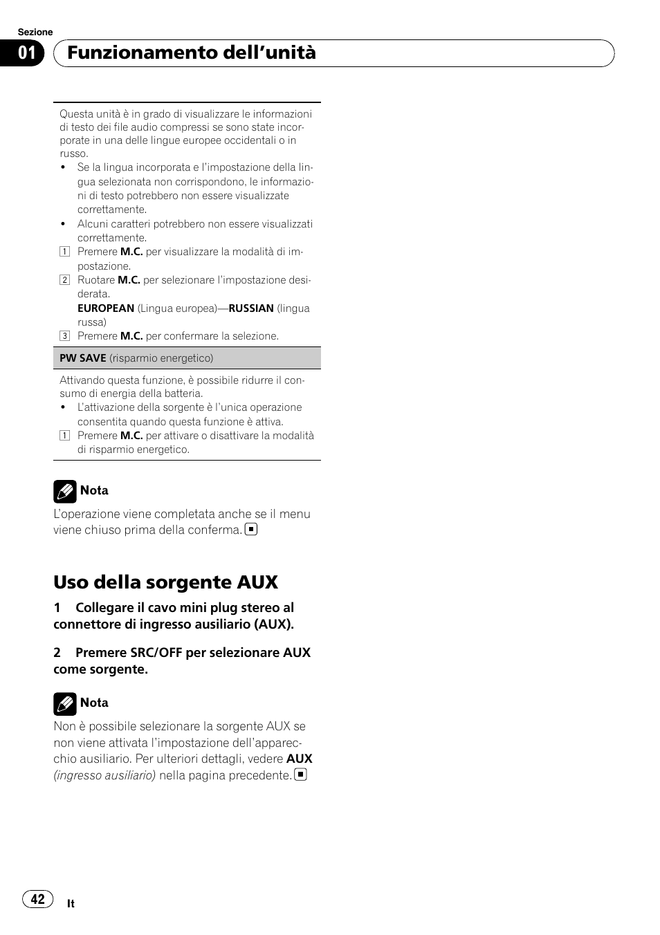 Uso della sorgente aux, Funzionamento dell ’unità | Pioneer DEH-2210UB User Manual | Page 42 / 117