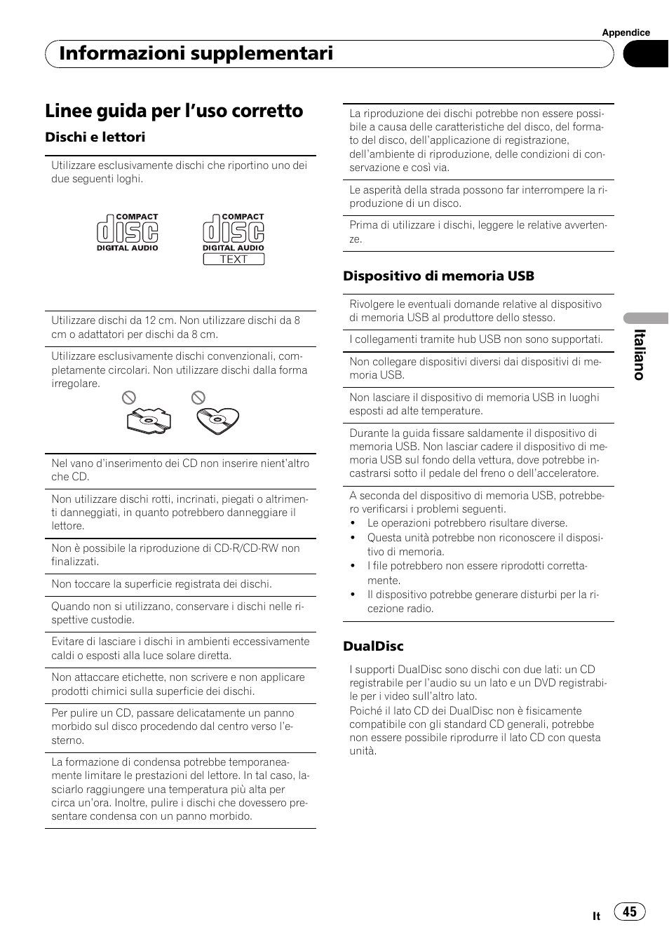 Linee guida per l ’uso corretto, Informazioni supplementari, Italiano | Pioneer DEH-2210UB User Manual | Page 45 / 117