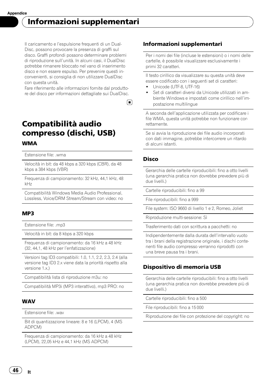 Compatibilità audio compresso (dischi, usb), Informazioni supplementari | Pioneer DEH-2210UB User Manual | Page 46 / 117