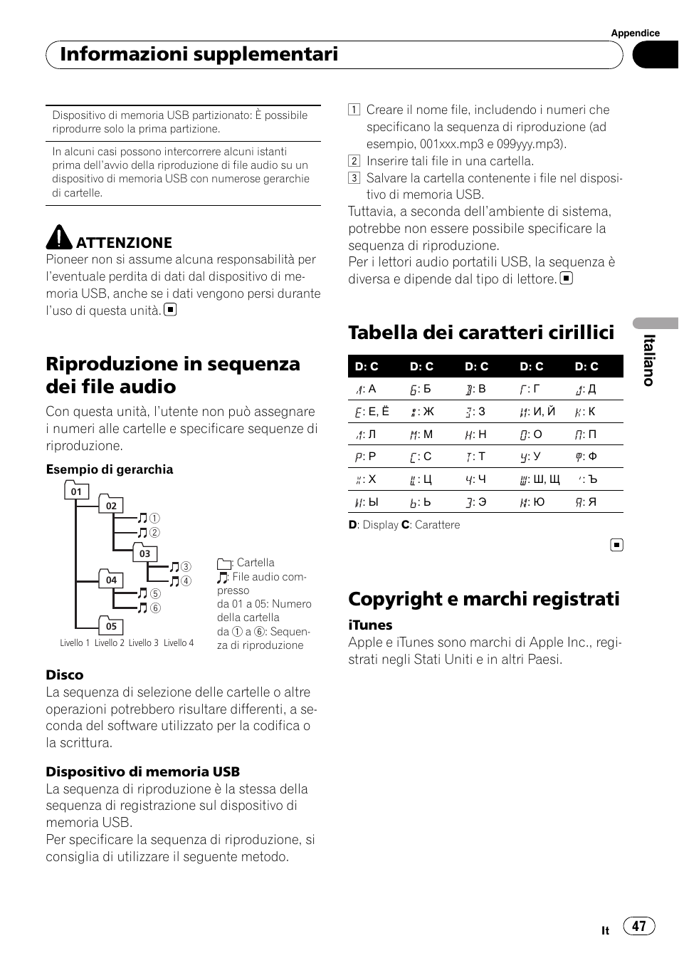 Riproduzione in sequenza dei file audio, Tabella dei caratteri cirillici, Copyright e marchi registrati | Informazioni supplementari, Italiano, Attenzione | Pioneer DEH-2210UB User Manual | Page 47 / 117