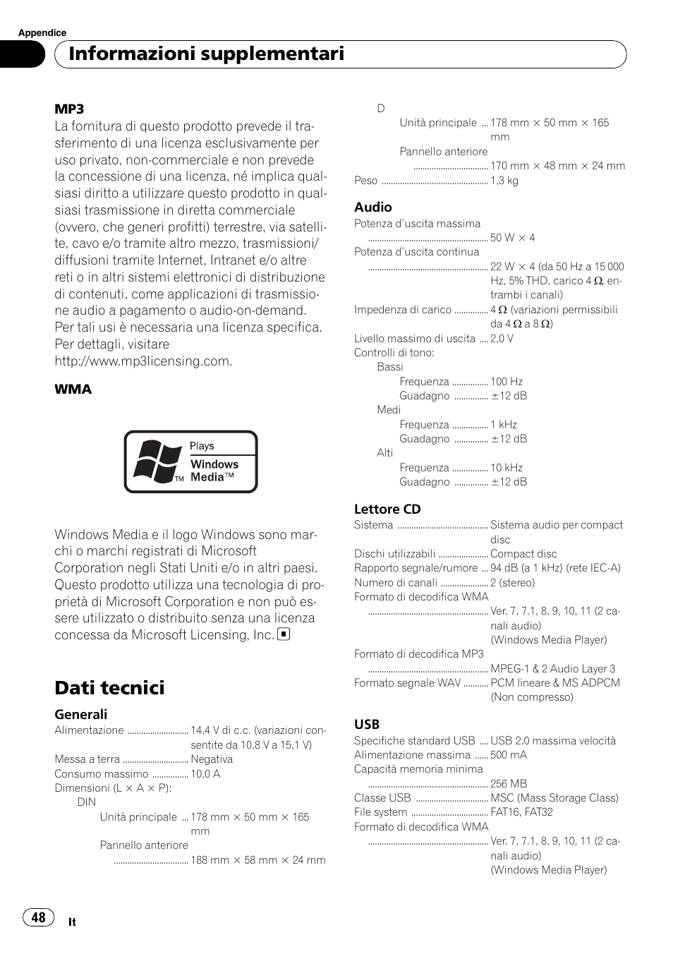 Dati tecnici, Informazioni supplementari | Pioneer DEH-2210UB User Manual | Page 48 / 117