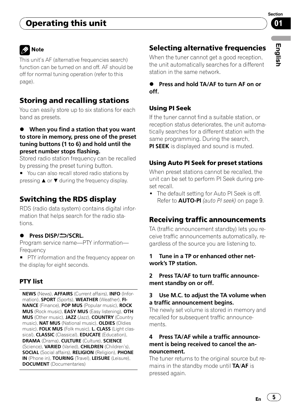 Operating this unit, Storing and recalling stations, Switching the rds display | Selecting alternative frequencies, Receiving traffic announcements | Pioneer DEH-2210UB User Manual | Page 5 / 117