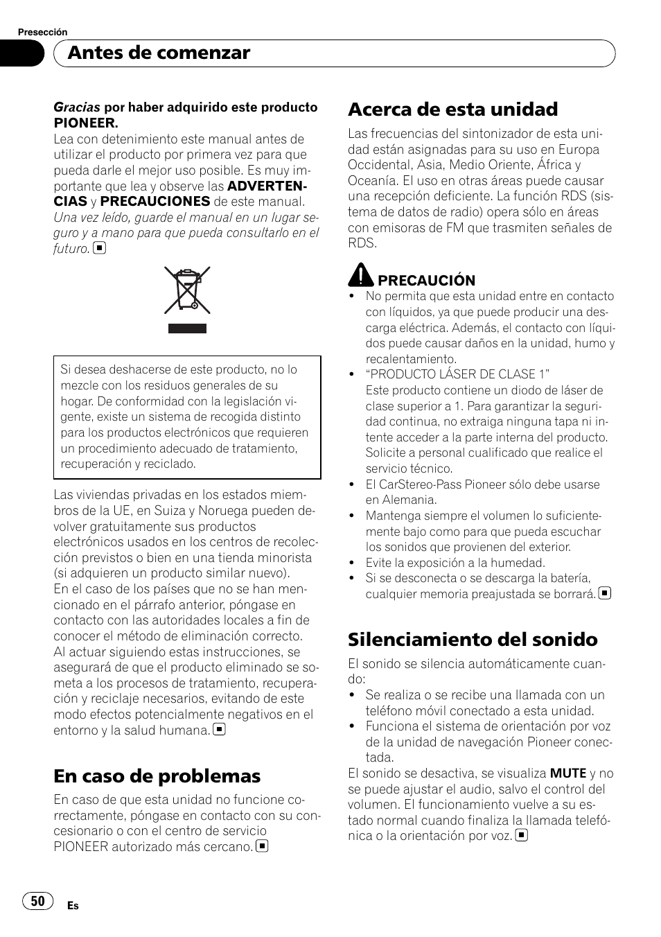 En caso de problemas, Acerca de esta unidad, Silenciamiento del sonido | Antes de comenzar | Pioneer DEH-2210UB User Manual | Page 50 / 117