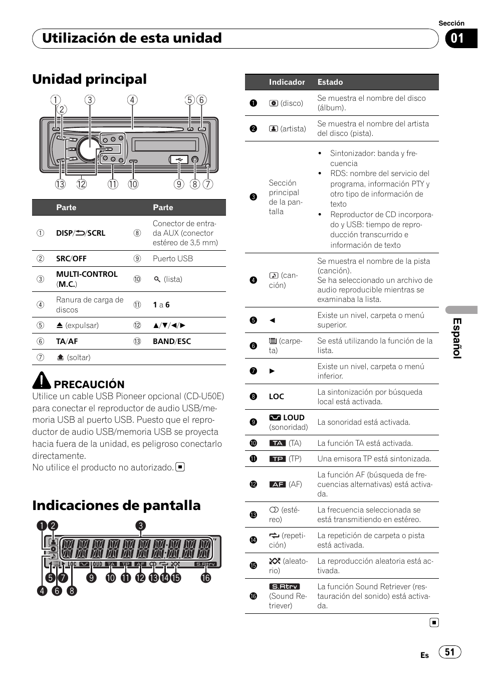 Unidad principal, Indicaciones de pantalla, Utilización de esta unidad | Español, Precaución | Pioneer DEH-2210UB User Manual | Page 51 / 117