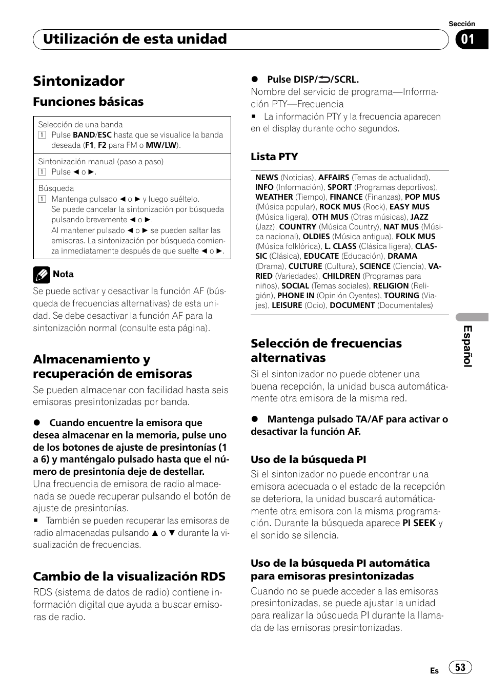 Sintonizador, Utilización de esta unidad, Funciones básicas | Almacenamiento y recuperación de emisoras, Cambio de la visualización rds, Selección de frecuencias alternativas | Pioneer DEH-2210UB User Manual | Page 53 / 117