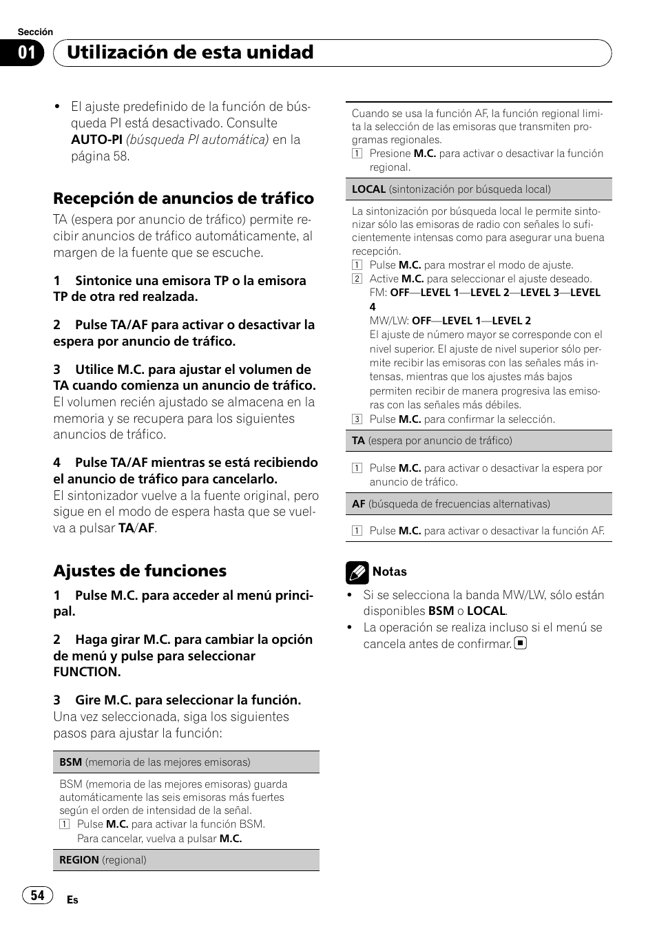 Utilización de esta unidad, Recepción de anuncios de tráfico, Ajustes de funciones | Pioneer DEH-2210UB User Manual | Page 54 / 117