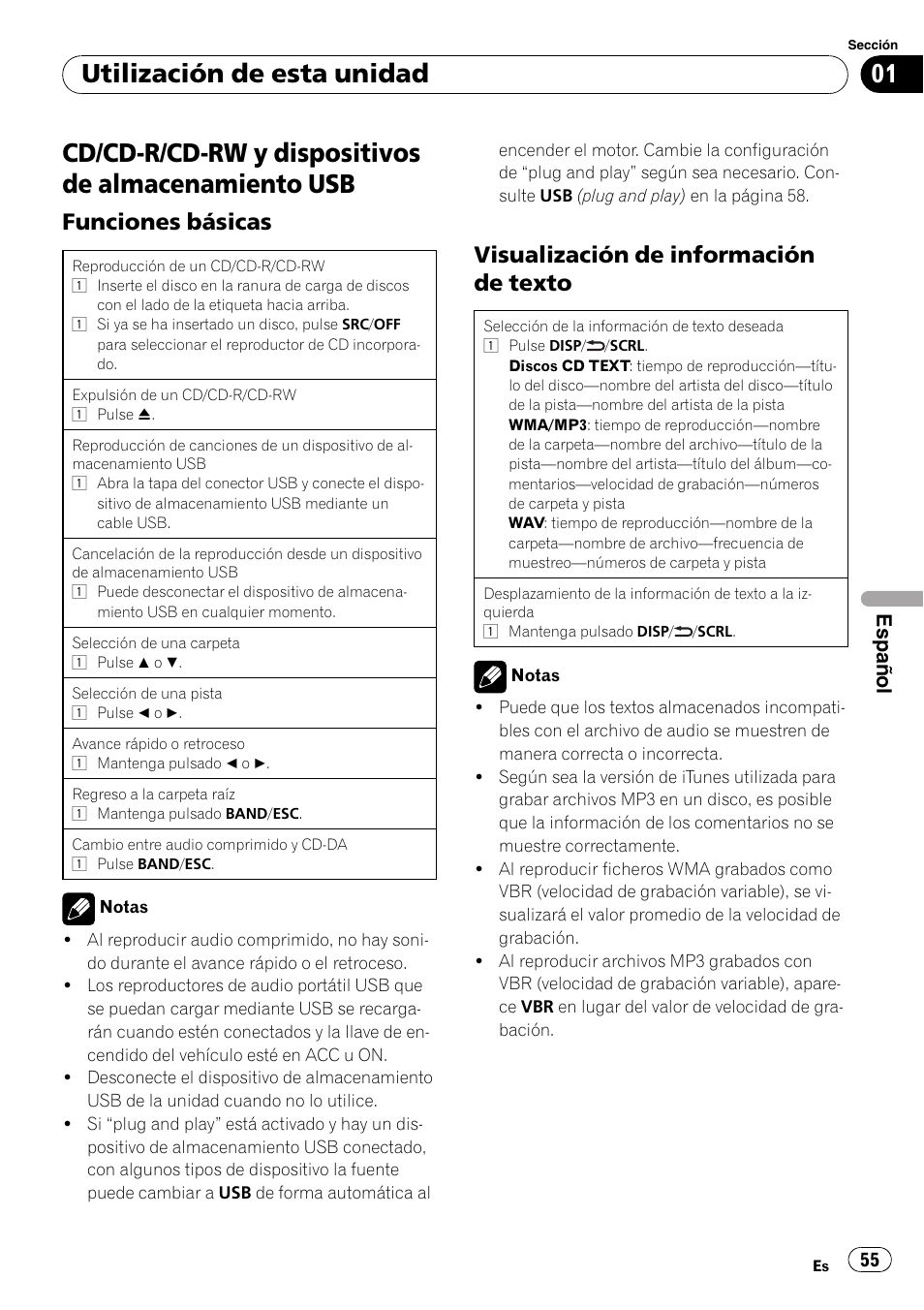 Cd/cd-r/cd-rw y dispositivos de almacenamiento usb, Utilización de esta unidad, Funciones básicas | Visualización de información de texto, Español | Pioneer DEH-2210UB User Manual | Page 55 / 117