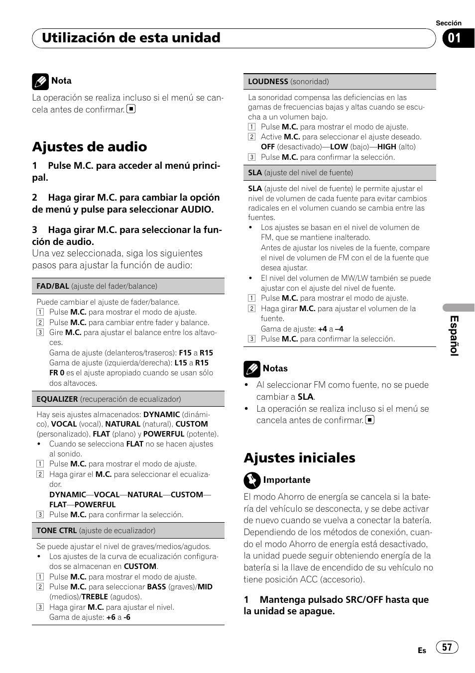 Ajustes de audio, Ajustes iniciales, Utilización de esta unidad | Español | Pioneer DEH-2210UB User Manual | Page 57 / 117