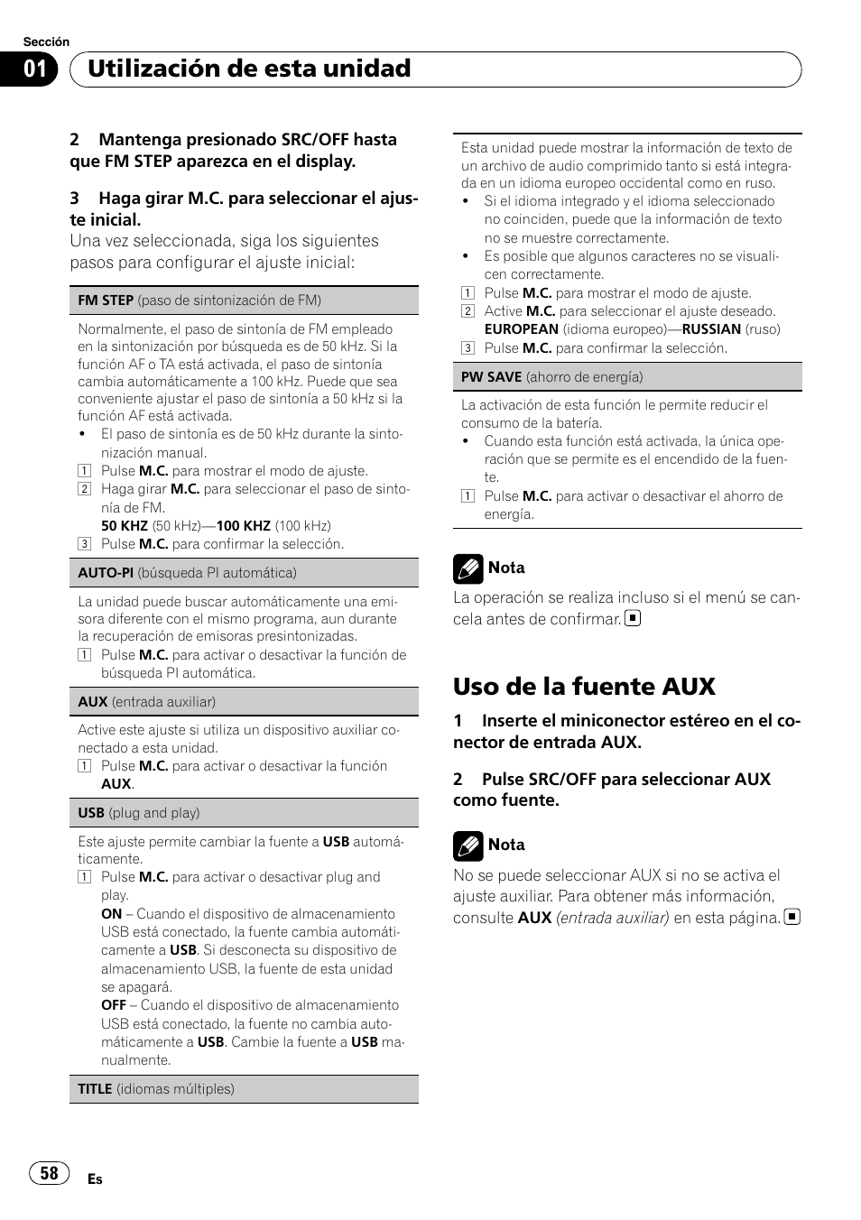 Uso de la fuente aux, Utilización de esta unidad | Pioneer DEH-2210UB User Manual | Page 58 / 117