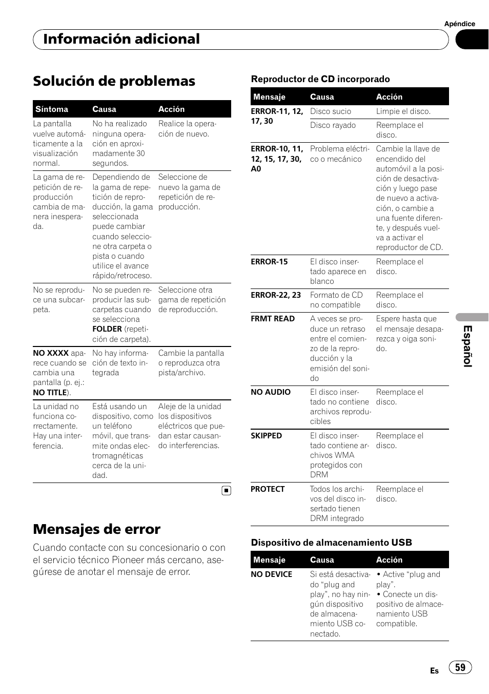 Solución de problemas, Mensajes de error, Información adicional | Español | Pioneer DEH-2210UB User Manual | Page 59 / 117