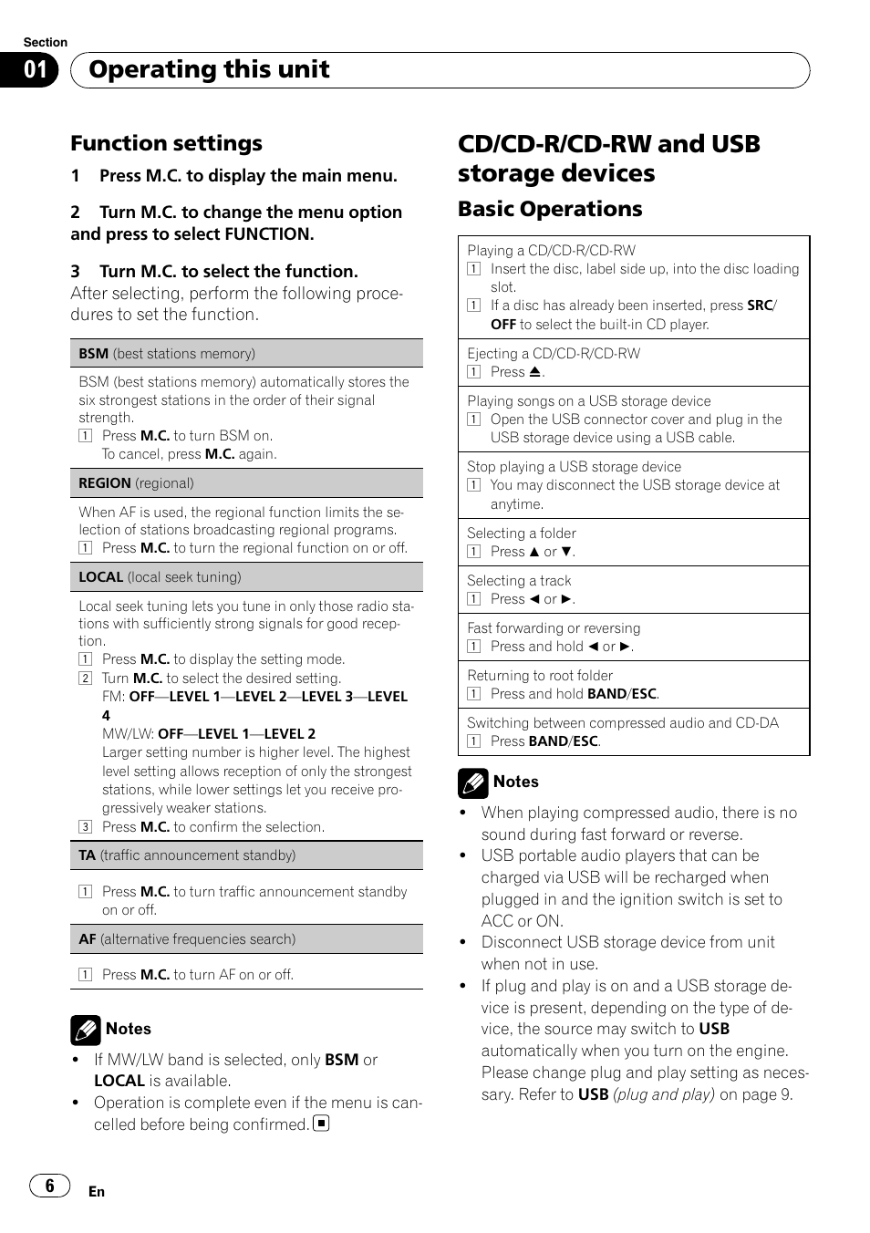 Cd/cd-r/cd-rw and usb storage devices, Operating this unit, Function settings | Basic operations | Pioneer DEH-2210UB User Manual | Page 6 / 117