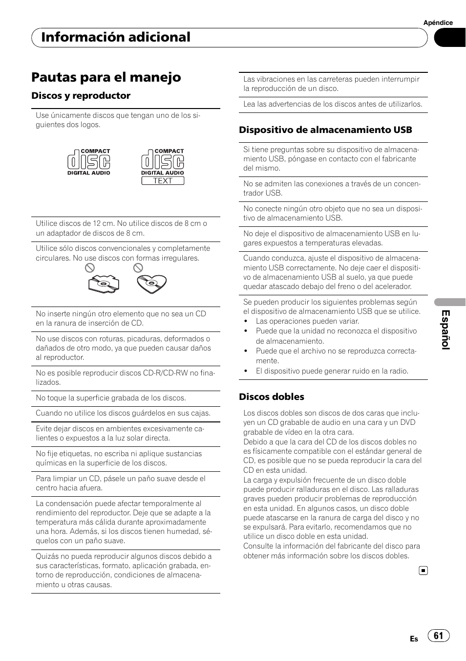 Pautas para el manejo, Información adicional, Español | Pioneer DEH-2210UB User Manual | Page 61 / 117