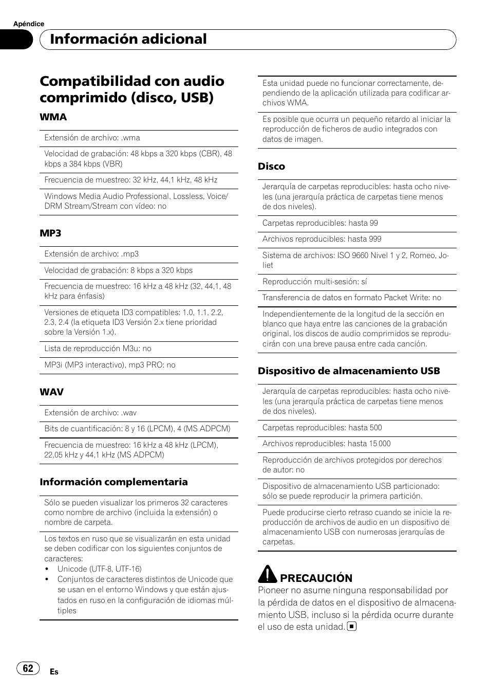 Compatibilidad con audio comprimido (disco, usb), Información adicional, Precaución | Pioneer DEH-2210UB User Manual | Page 62 / 117