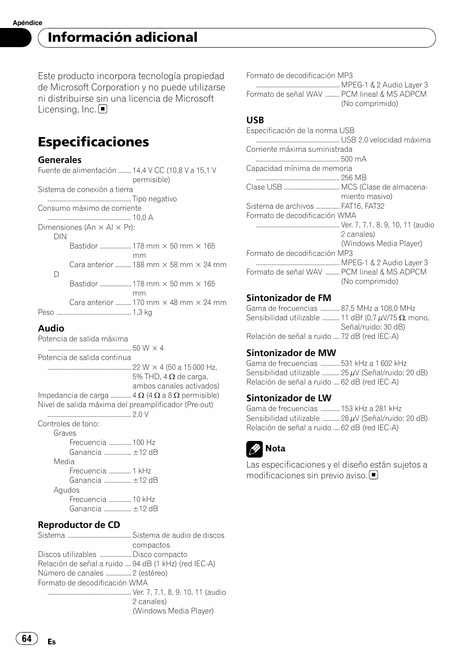 Especificaciones, Información adicional | Pioneer DEH-2210UB User Manual | Page 64 / 117