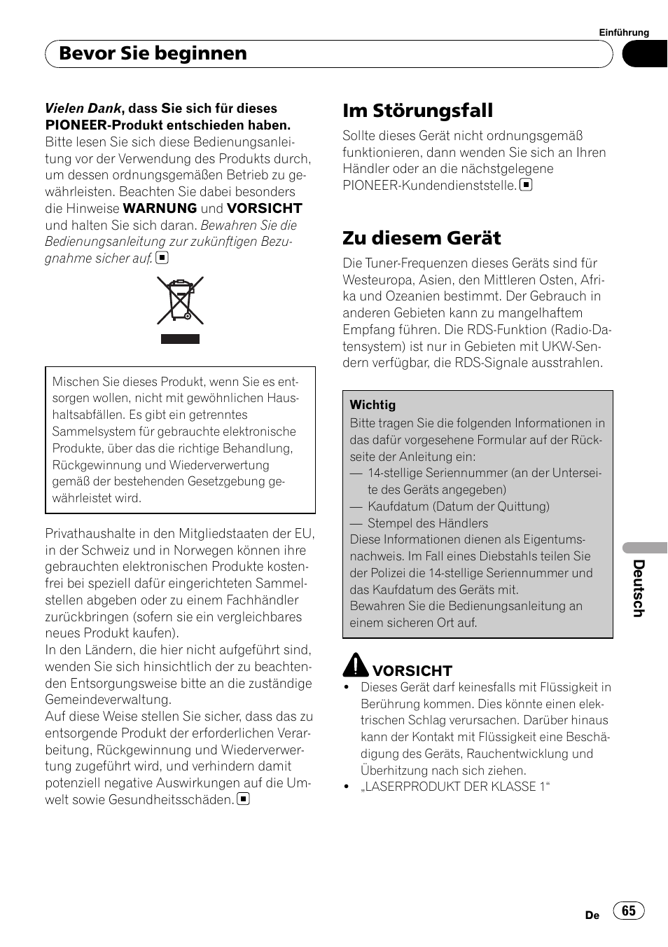 Deutsch, Im störungsfall, Zu diesem gerät | Bevor sie beginnen | Pioneer DEH-2210UB User Manual | Page 65 / 117