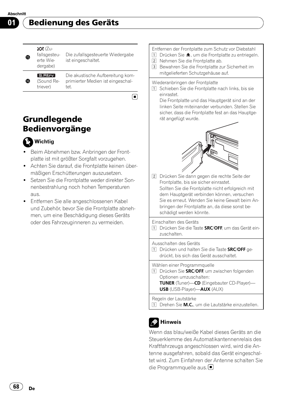 Grundlegende bedienvorgänge, Bedienung des geräts | Pioneer DEH-2210UB User Manual | Page 68 / 117