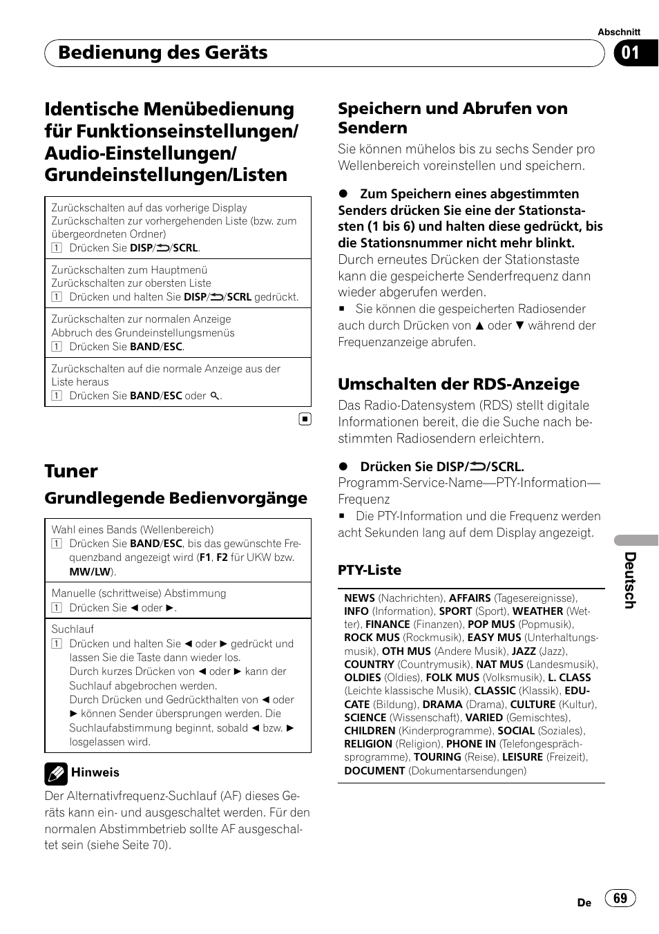 Tuner, Bedienung des geräts, Grundlegende bedienvorgänge | Speichern und abrufen von sendern, Umschalten der rds-anzeige | Pioneer DEH-2210UB User Manual | Page 69 / 117