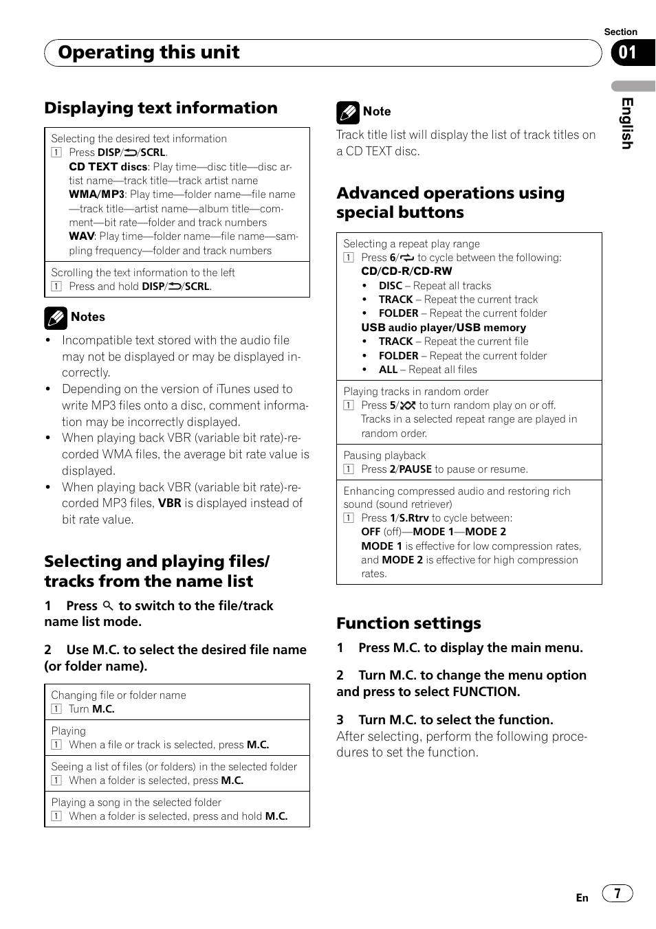 Operating this unit, Displaying text information, Advanced operations using special buttons | Function settings, English | Pioneer DEH-2210UB User Manual | Page 7 / 117