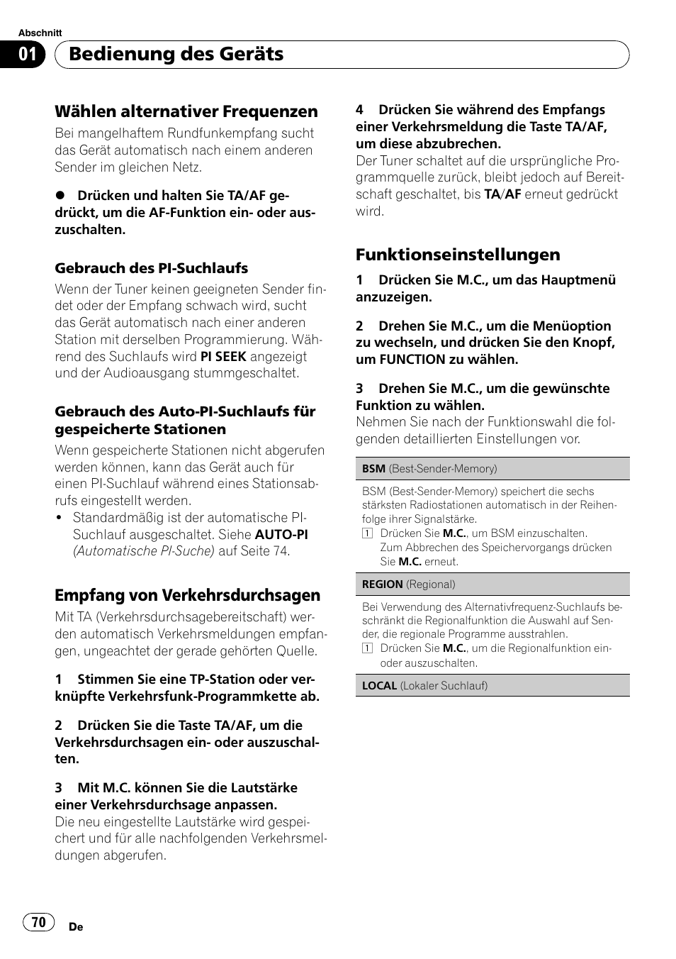 Bedienung des geräts, Wählen alternativer frequenzen, Empfang von verkehrsdurchsagen | Funktionseinstellungen | Pioneer DEH-2210UB User Manual | Page 70 / 117