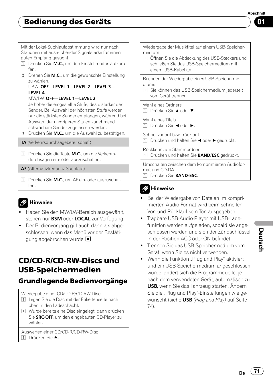 Cd/cd-r/cd-rw-discs und usb-speichermedien, Bedienung des geräts, Grundlegende bedienvorgänge | Deutsch | Pioneer DEH-2210UB User Manual | Page 71 / 117