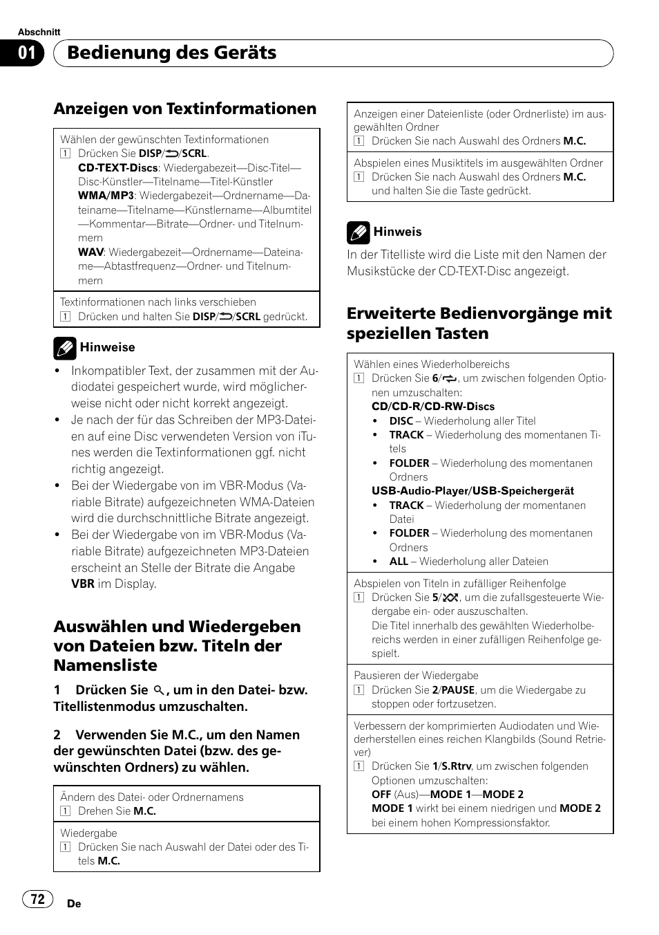 Bedienung des geräts, Anzeigen von textinformationen, Erweiterte bedienvorgänge mit speziellen tasten | Pioneer DEH-2210UB User Manual | Page 72 / 117