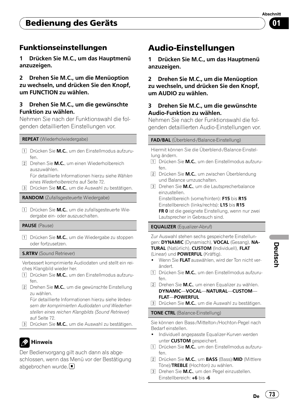 Audio-einstellungen, Bedienung des geräts, Funktionseinstellungen | Deutsch | Pioneer DEH-2210UB User Manual | Page 73 / 117