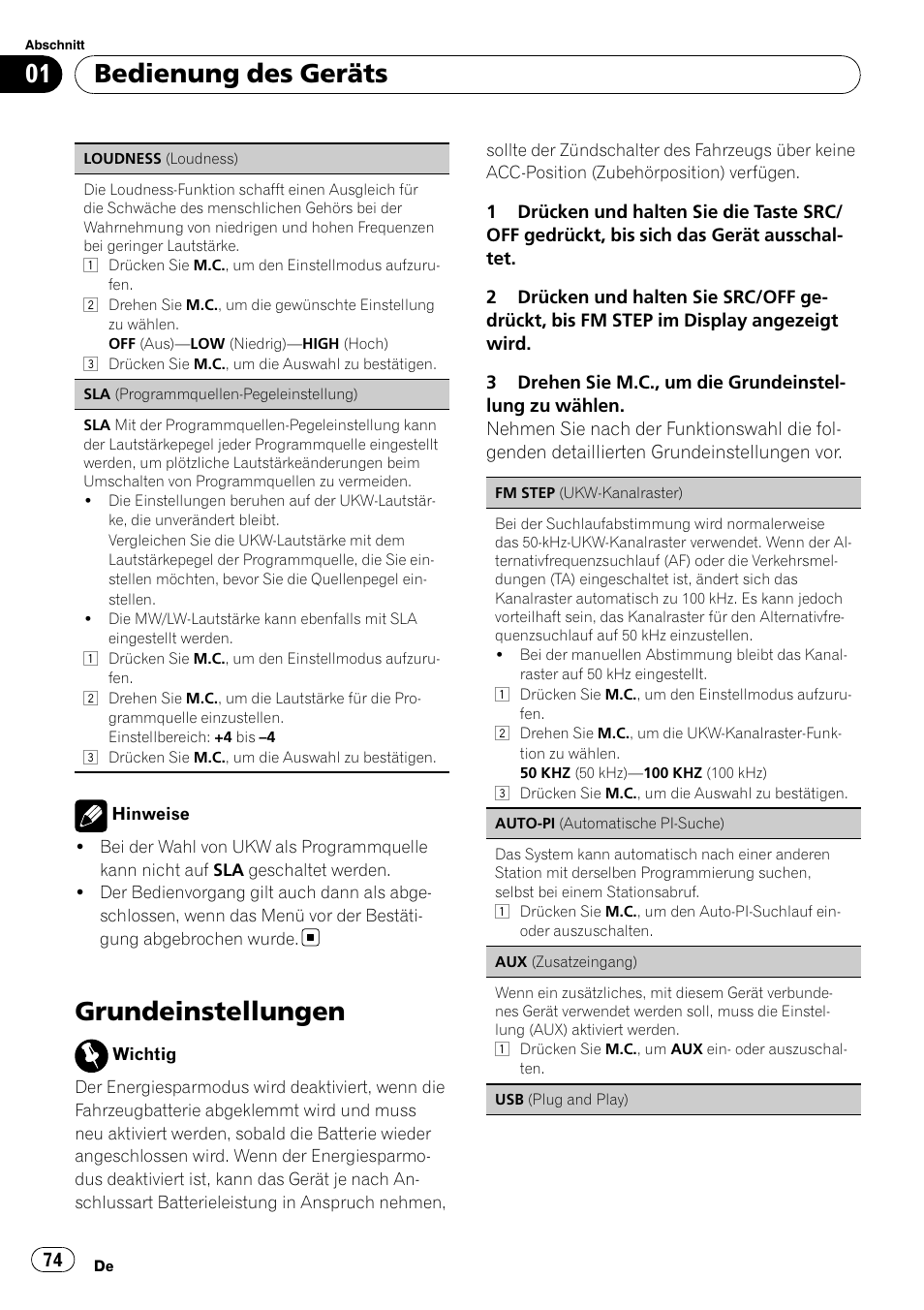 Grundeinstellungen, Bedienung des geräts | Pioneer DEH-2210UB User Manual | Page 74 / 117