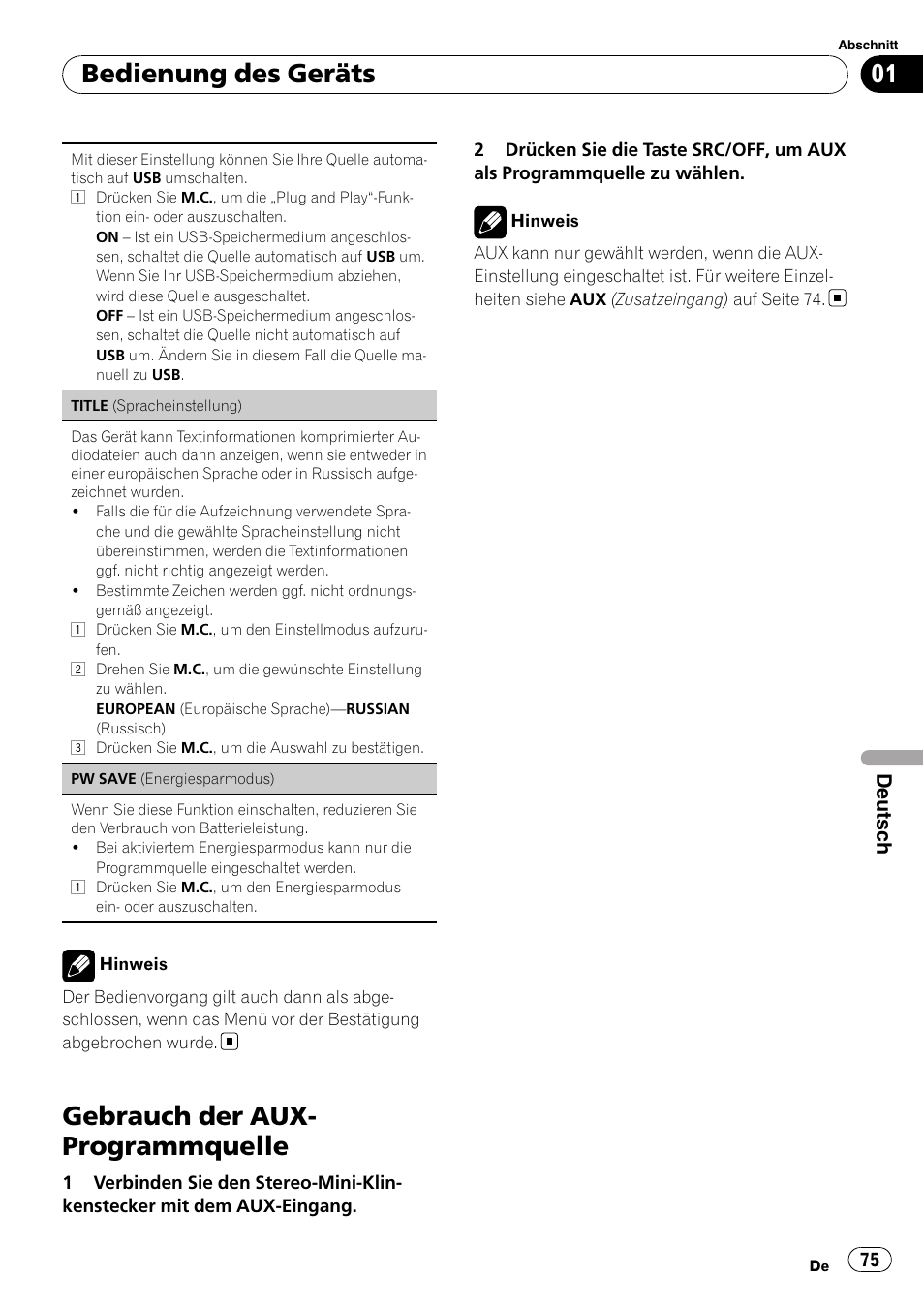 Gebrauch der aux- programmquelle, Bedienung des geräts, Deutsch | Pioneer DEH-2210UB User Manual | Page 75 / 117