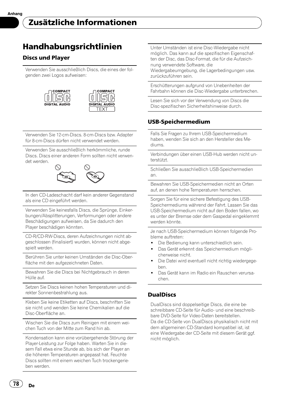 Handhabungsrichtlinien, Zusätzliche informationen | Pioneer DEH-2210UB User Manual | Page 78 / 117