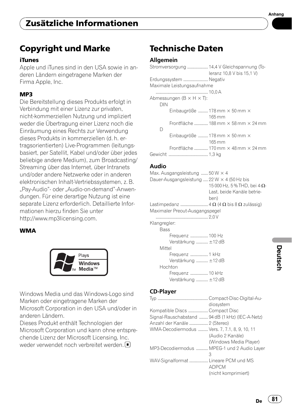 Copyright und marke, Technische daten, Zusätzliche informationen | Deutsch | Pioneer DEH-2210UB User Manual | Page 81 / 117