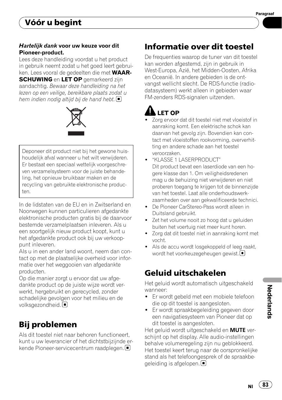 Nederlands, Bij problemen, Informatie over dit toestel | Geluid uitschakelen, Vóór u begint | Pioneer DEH-2210UB User Manual | Page 83 / 117