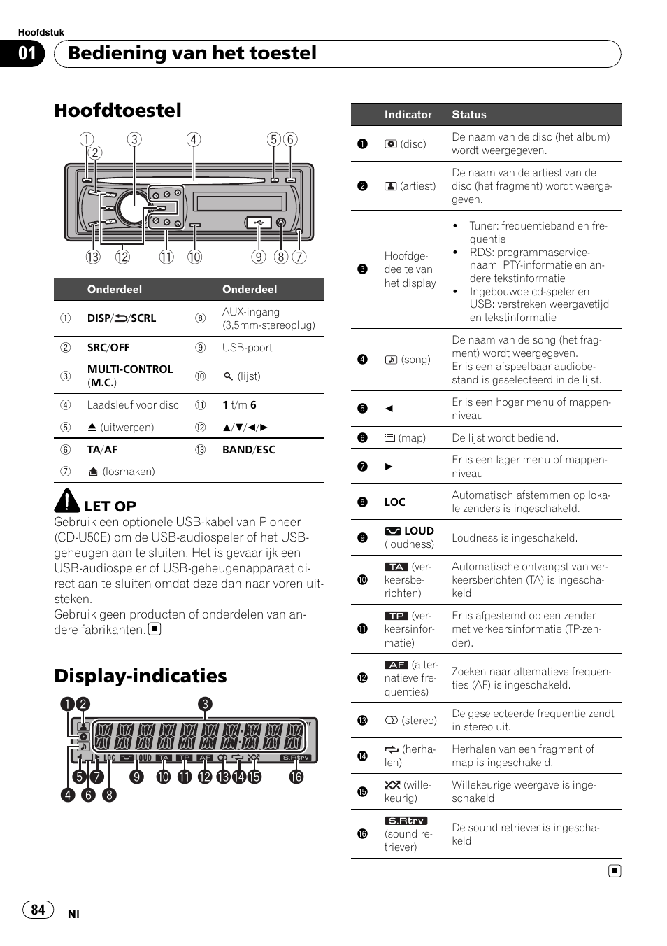 Hoofdtoestel, Display-indicaties, Bediening van het toestel | Let op | Pioneer DEH-2210UB User Manual | Page 84 / 117