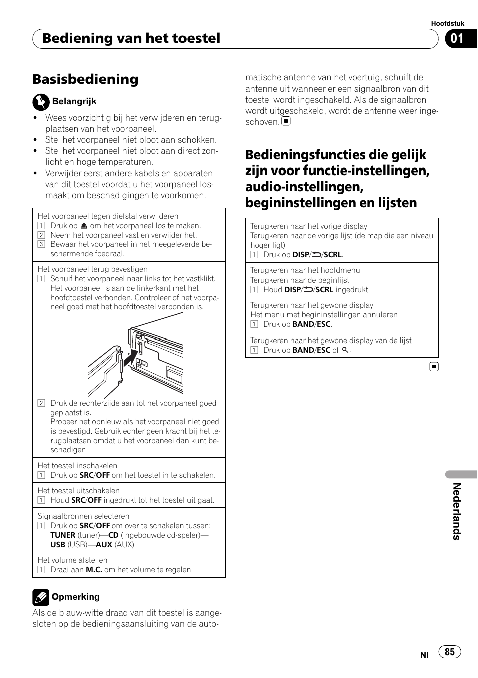 Basisbediening, Bediening van het toestel, Nederlands | Pioneer DEH-2210UB User Manual | Page 85 / 117