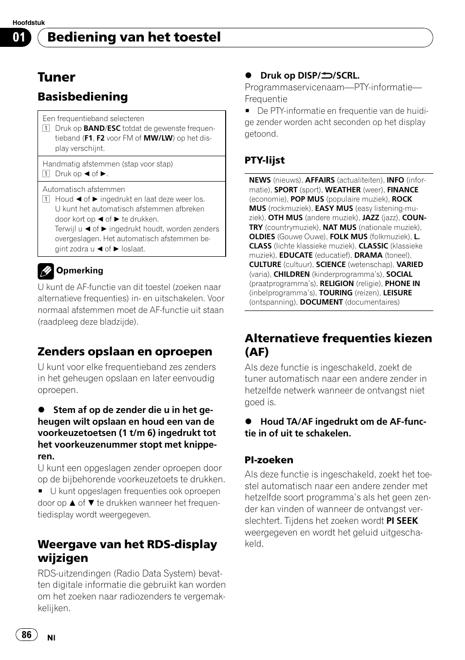 Tuner, Bediening van het toestel, Basisbediening | Zenders opslaan en oproepen, Weergave van het rds-display wijzigen, Alternatieve frequenties kiezen (af) | Pioneer DEH-2210UB User Manual | Page 86 / 117