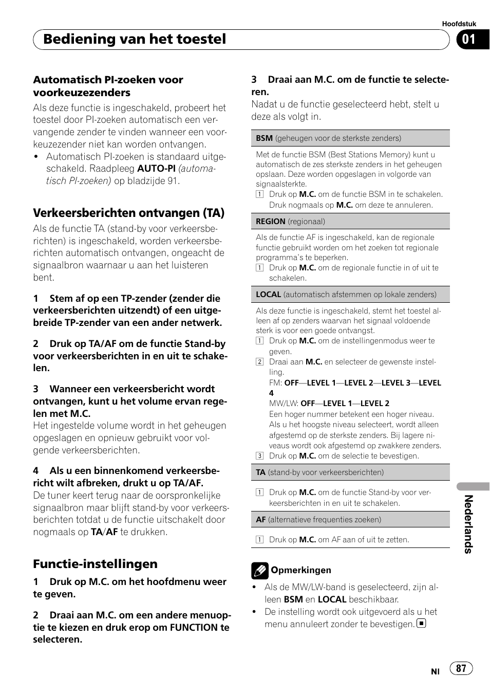 Bediening van het toestel, Verkeersberichten ontvangen (ta), Functie-instellingen | Pioneer DEH-2210UB User Manual | Page 87 / 117