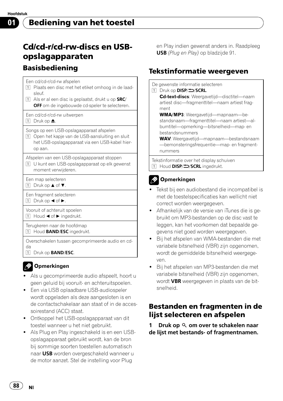 Cd/cd-r/cd-rw-discs en usb- opslagapparaten, Bediening van het toestel, Basisbediening | Tekstinformatie weergeven | Pioneer DEH-2210UB User Manual | Page 88 / 117