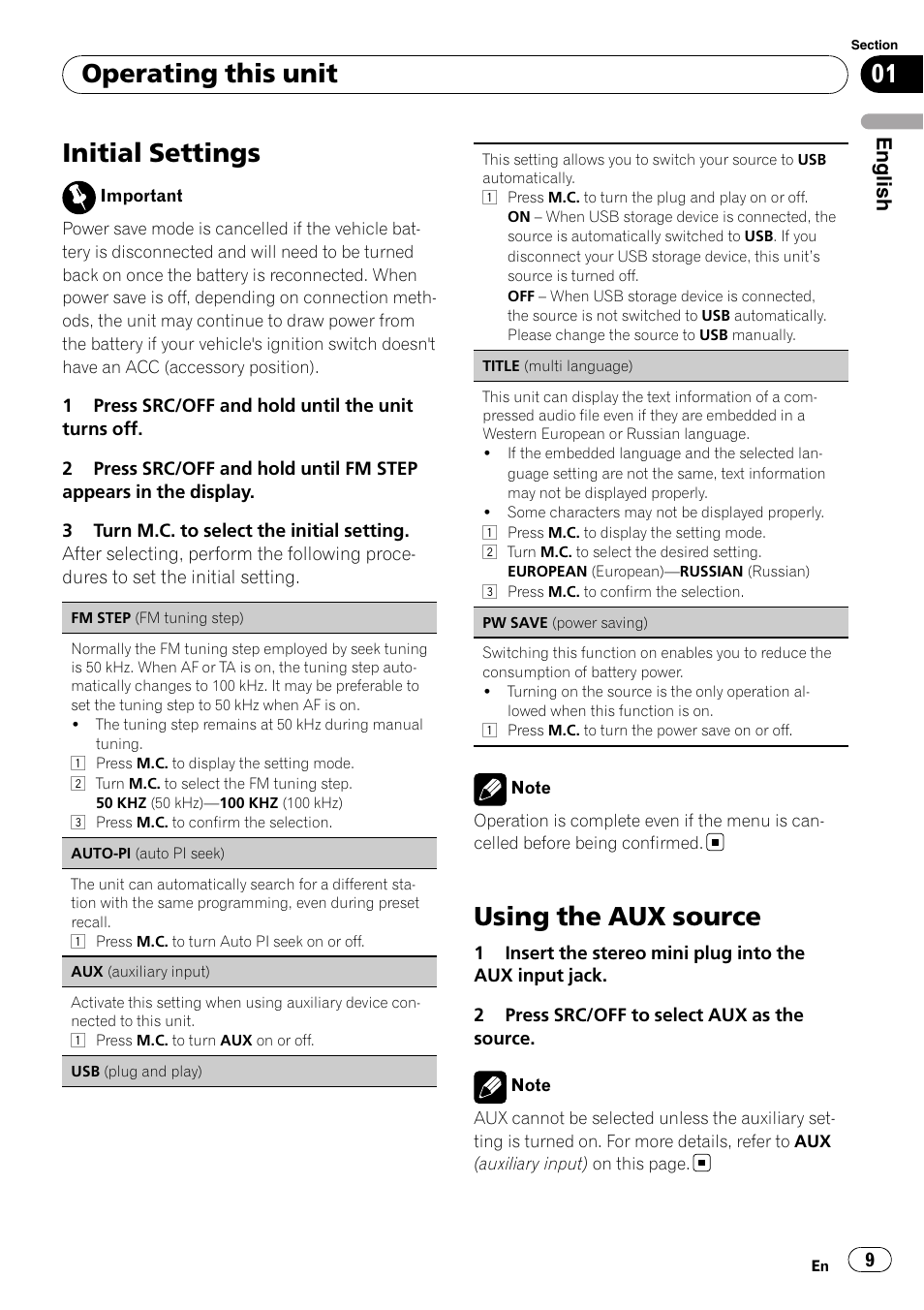 Initial settings, Using the aux source, Operating this unit | English | Pioneer DEH-2210UB User Manual | Page 9 / 117