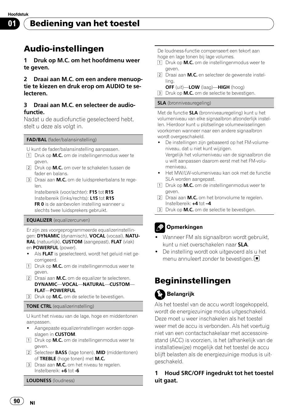Audio-instellingen, Begininstellingen, Bediening van het toestel | Pioneer DEH-2210UB User Manual | Page 90 / 117