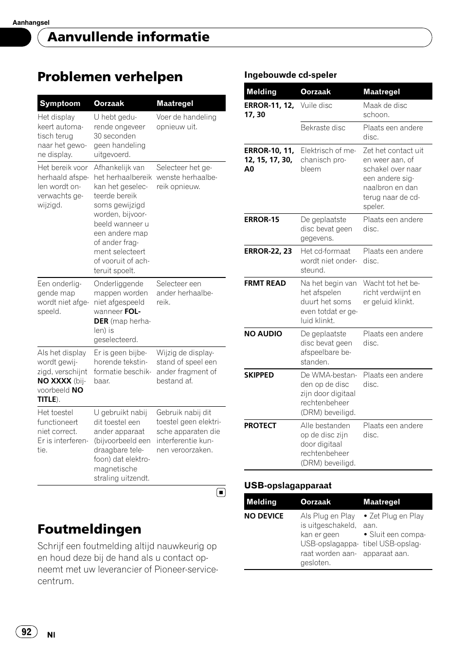 Problemen verhelpen, Foutmeldingen, Aanvullende informatie | Pioneer DEH-2210UB User Manual | Page 92 / 117