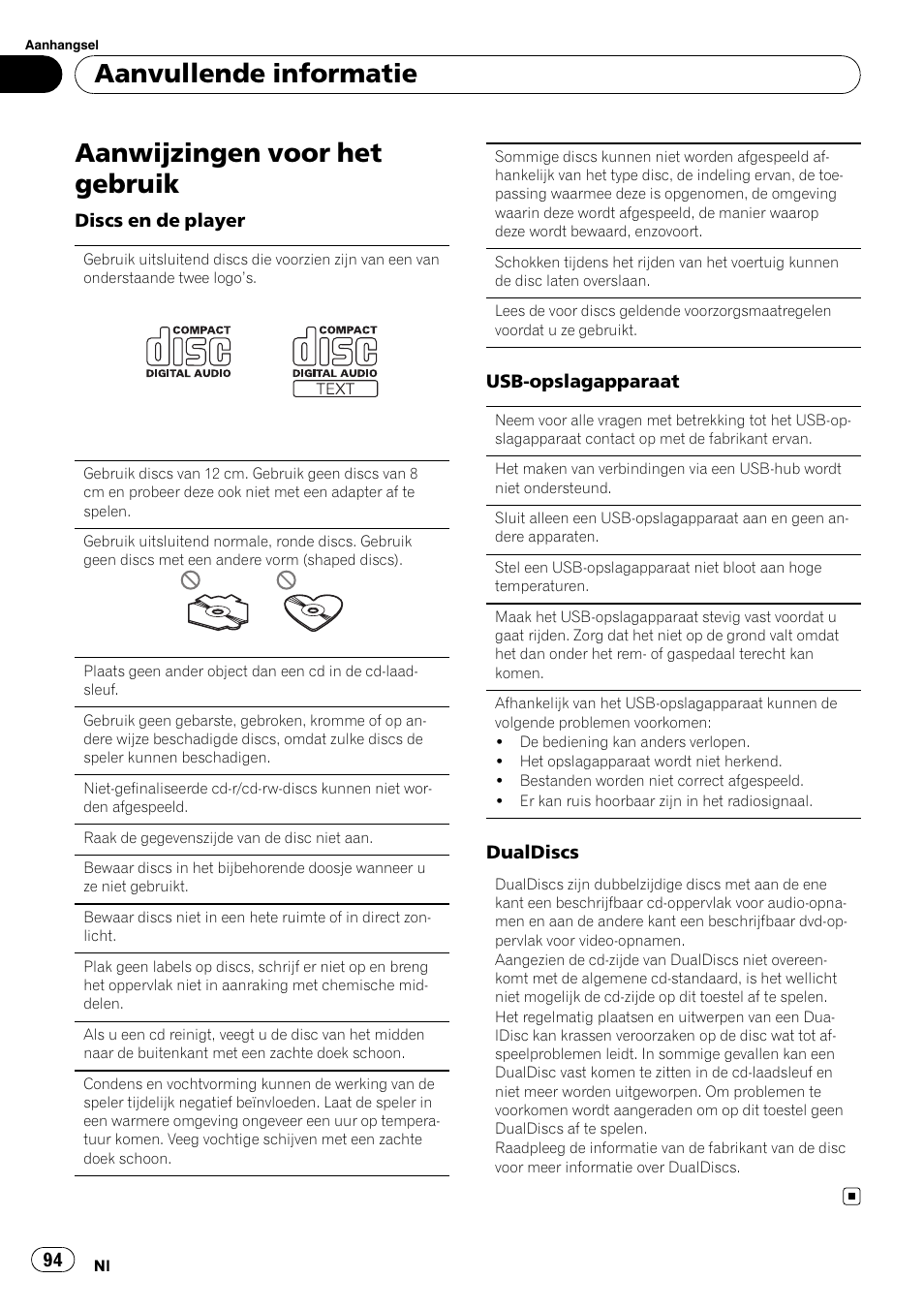 Aanwijzingen voor het gebruik, Aanvullende informatie | Pioneer DEH-2210UB User Manual | Page 94 / 117