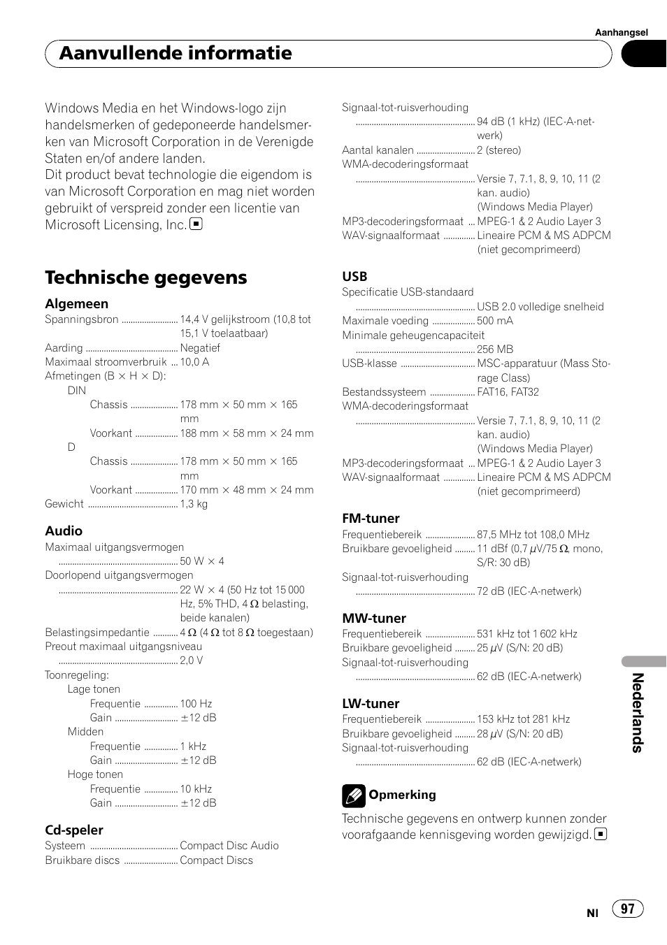 Technische gegevens, Aanvullende informatie, Nederlands | Pioneer DEH-2210UB User Manual | Page 97 / 117