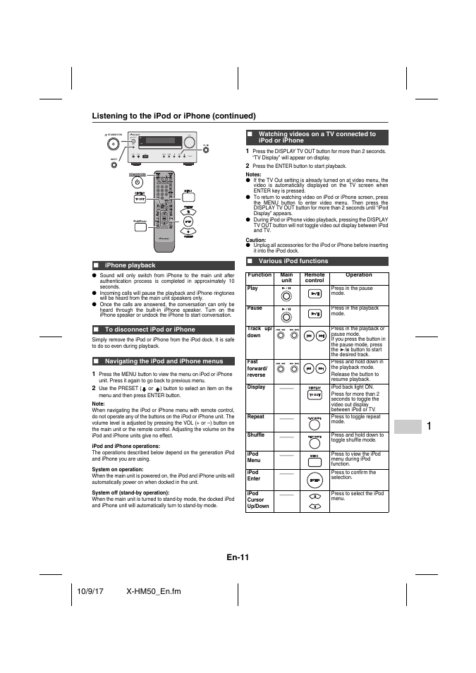 Listening to the ipod or iphone (continued), Iphone playback, To disconnect ipod or iphone | Navigating the ipod and iphone menus, Various ipod functions, En-11 | Pioneer X-HM50-S User Manual | Page 11 / 76