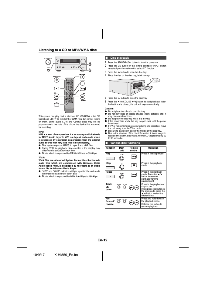 Listening to a cd or mp3/wma disc, Disc playback, Various disc functions | En-12 | Pioneer X-HM50-S User Manual | Page 12 / 76