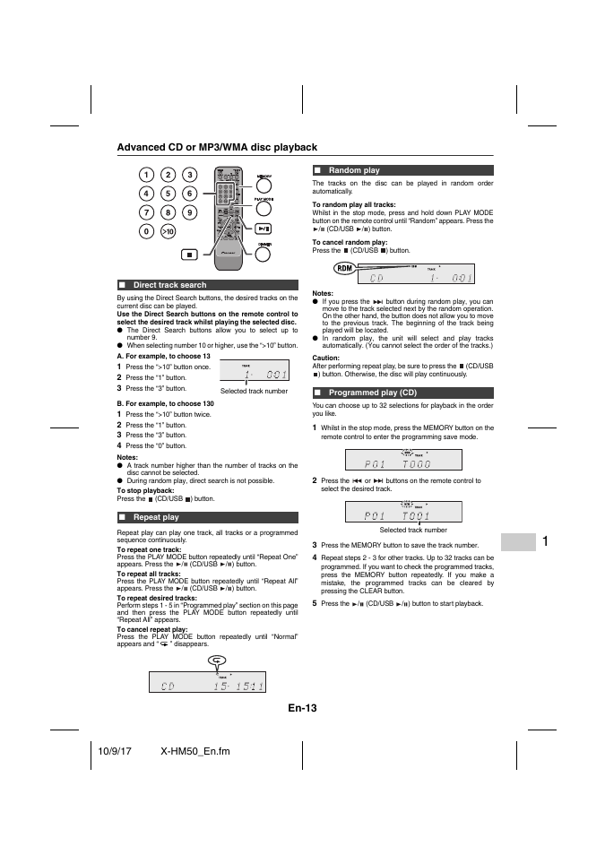 Advanced cd or mp3/wma disc playback, Direct track search, Repeat play | Random play, Programmed play (cd), Advanced cd or mp3/wma disc playback - 14, En-13 | Pioneer X-HM50-S User Manual | Page 13 / 76
