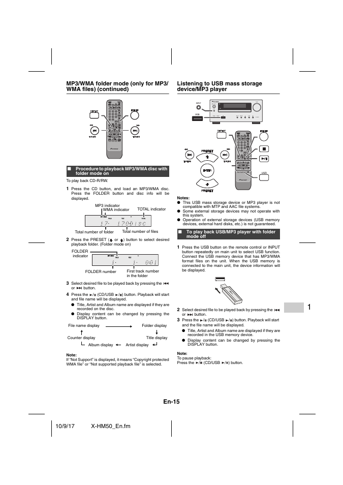 Listening to usb mass storage device/mp3 player, To play back usb/mp3 player with folder mode off, En-15 | Pioneer X-HM50-S User Manual | Page 15 / 76
