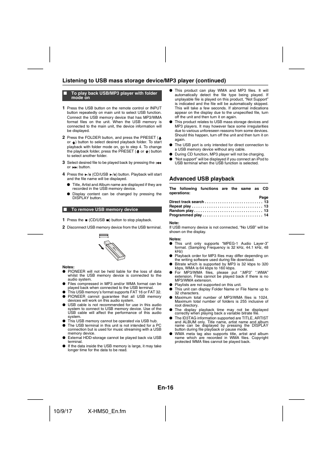 To play back usb/mp3 player with folder mode on, To remove usb memory device, Advanced usb playback | Direct track search 13, Repeat play 13, Random play 13, Programmed play 14, En-16 | Pioneer X-HM50-S User Manual | Page 16 / 76