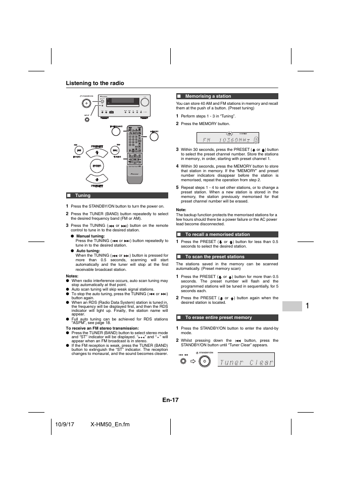 Listening to the radio, Tuning, Memorising a station | To recall a memorised station, To scan the preset stations, To erase entire preset memory, En-17 | Pioneer X-HM50-S User Manual | Page 17 / 76