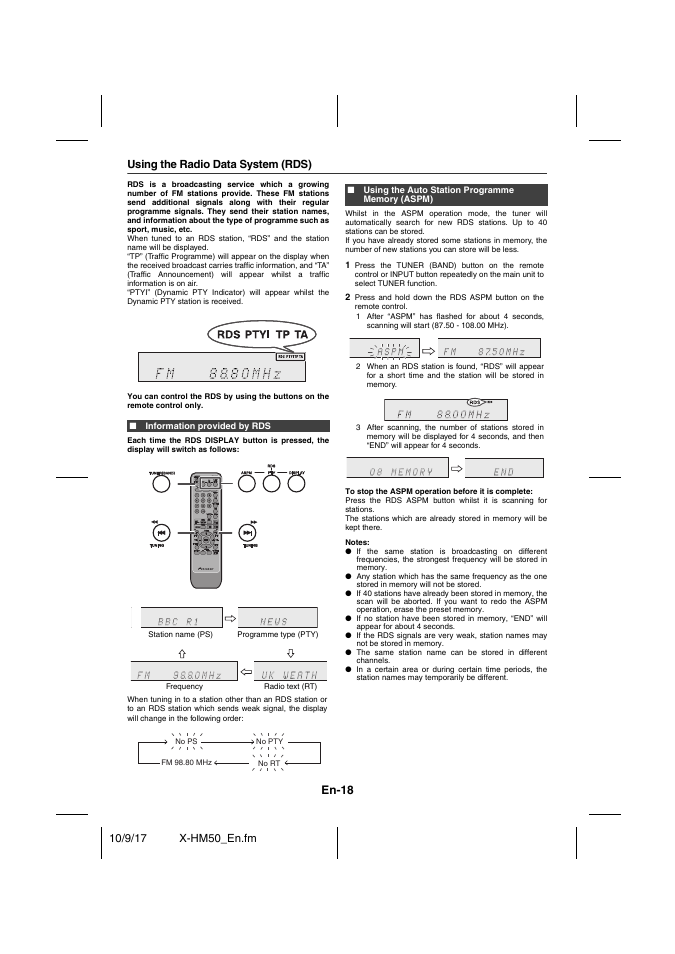 Information provided by rds, Using the auto station programme memory (aspm), Using the radio data system (rds) - 20 | En-18, Using the radio data system (rds) | Pioneer X-HM50-S User Manual | Page 18 / 76
