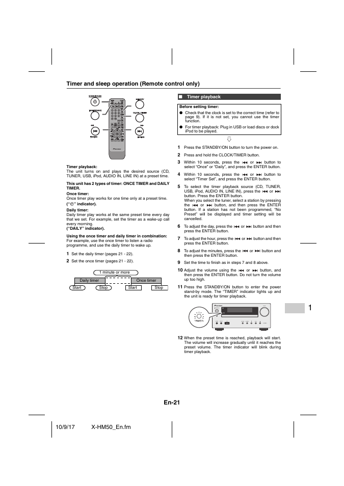 Timer and sleep operation (remote control only), Timer playback, En-21 | Pioneer X-HM50-S User Manual | Page 21 / 76